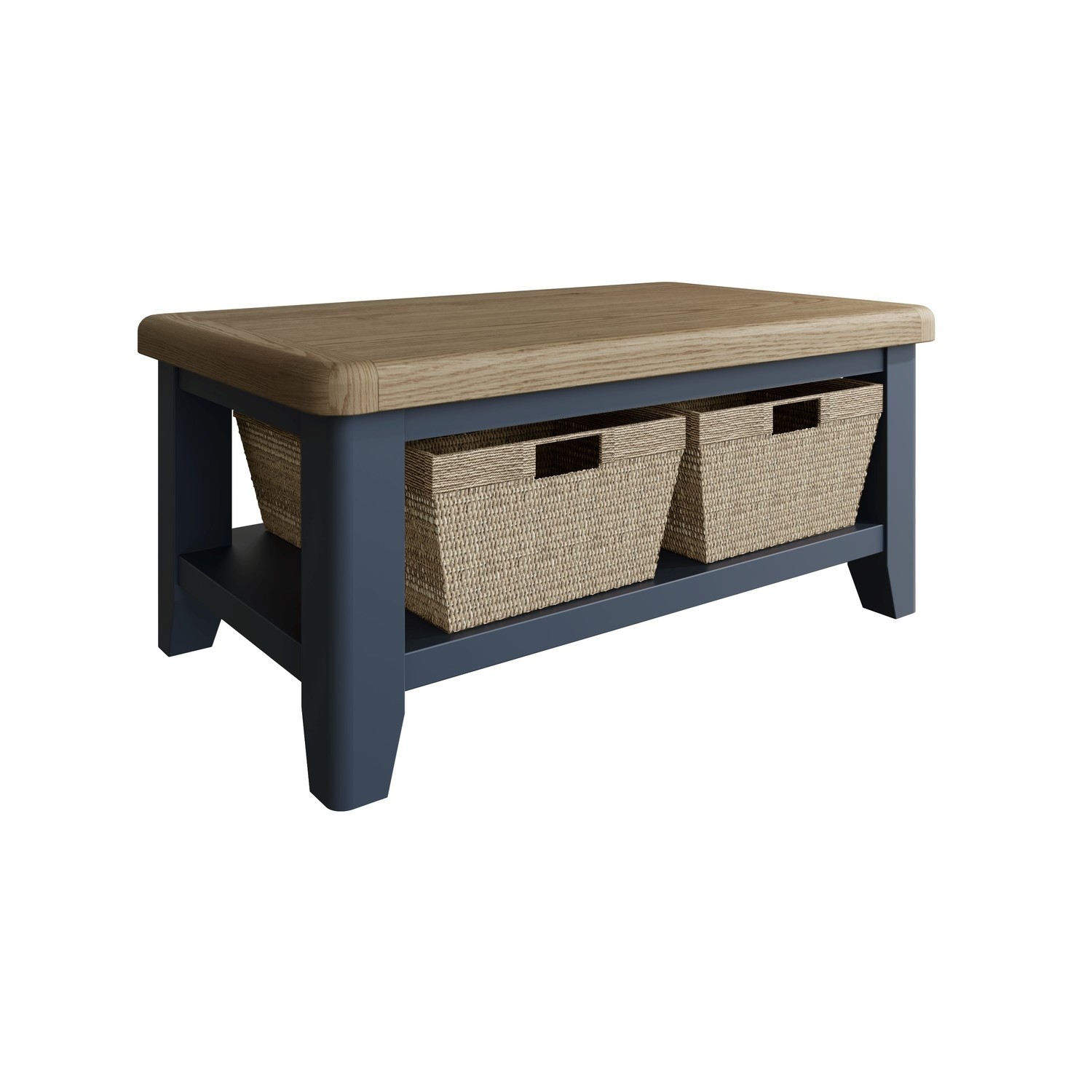Read more about Oak & blue coffee table 100cm with wicker baskets